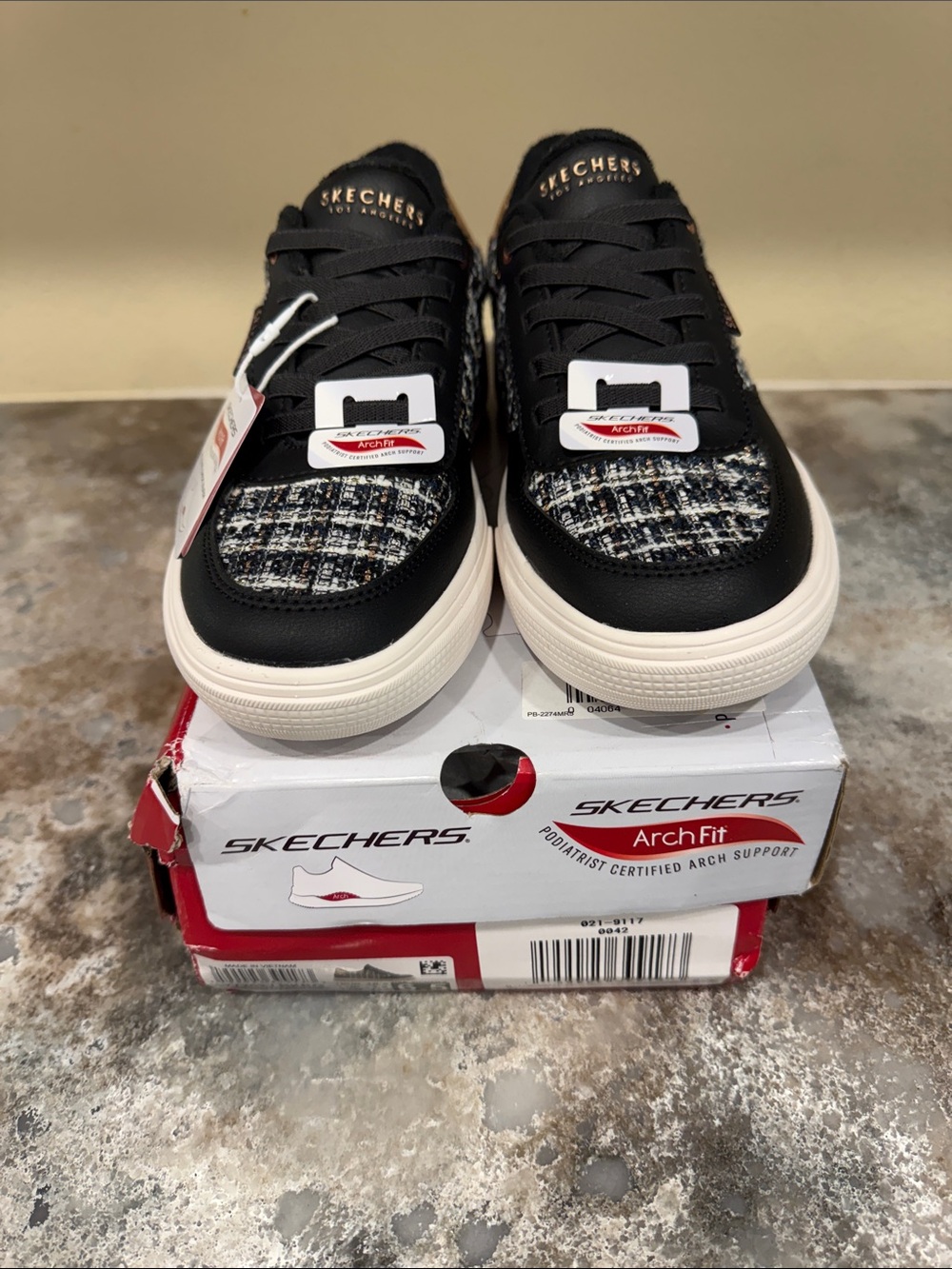 Skechers Women’s Black Tweed Lace-Up Sneakers with Cream Sole